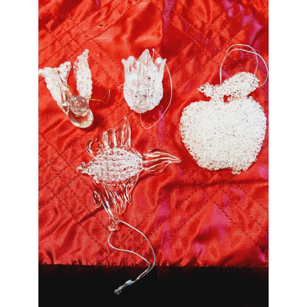Vintage Christmas Ornaments Spun Glass Lot Of 4 Swan Fish Bird Apple 1980s